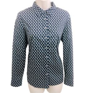 Talbots Petite Navy and Cream Dog Print Button Front Blouse Classic Styling
